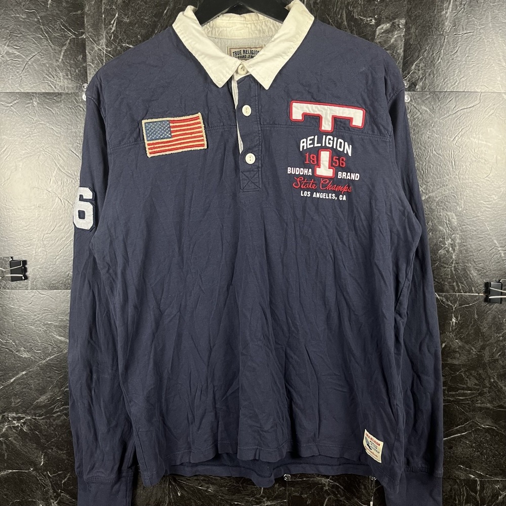 True Religion Men's Blue Vtg Rugby USA Polo Shirt XL -Flaws